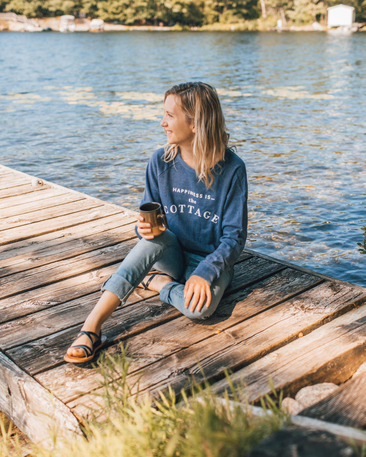Women&#39;s Happiness is the Cottage Crew Sweatshirt Heather Navy