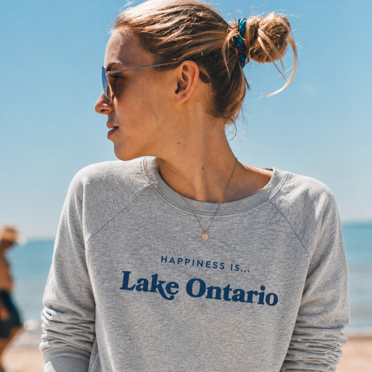 Women's Lake Ontario Crew Sweatshirt, Heather Grey with Blue