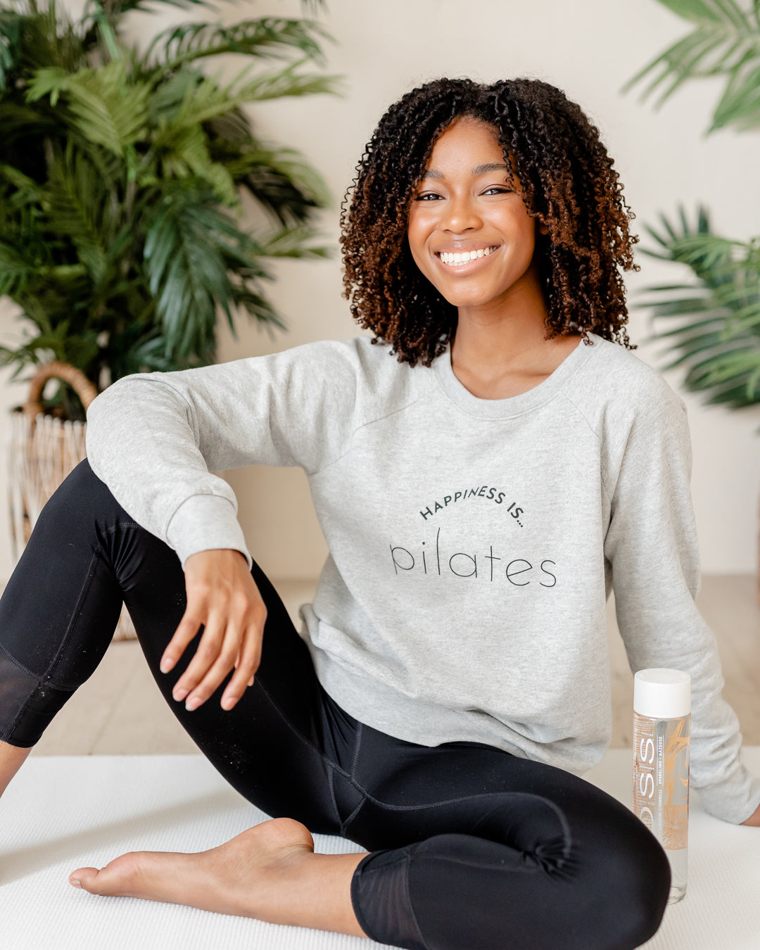 Women's Pilates Crew Sweatshirt, Heather Grey - Happiness Is