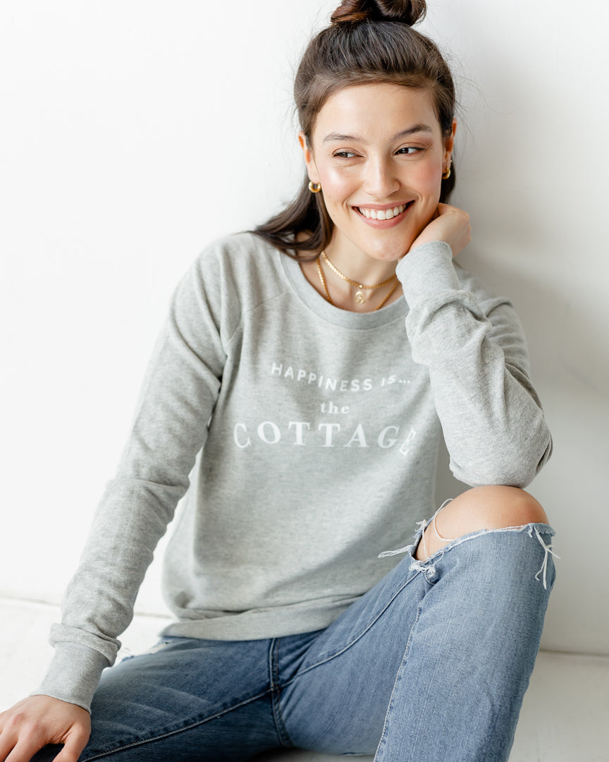 Women's Happiness is the Cottage Crew Sweatshirt, Heather Grey