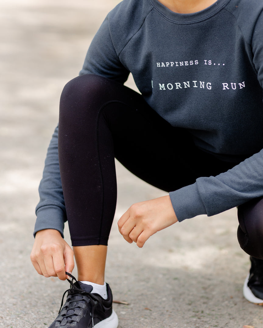 Women's Morning Run Crew Sweatshirt, True Navy - Happiness Is