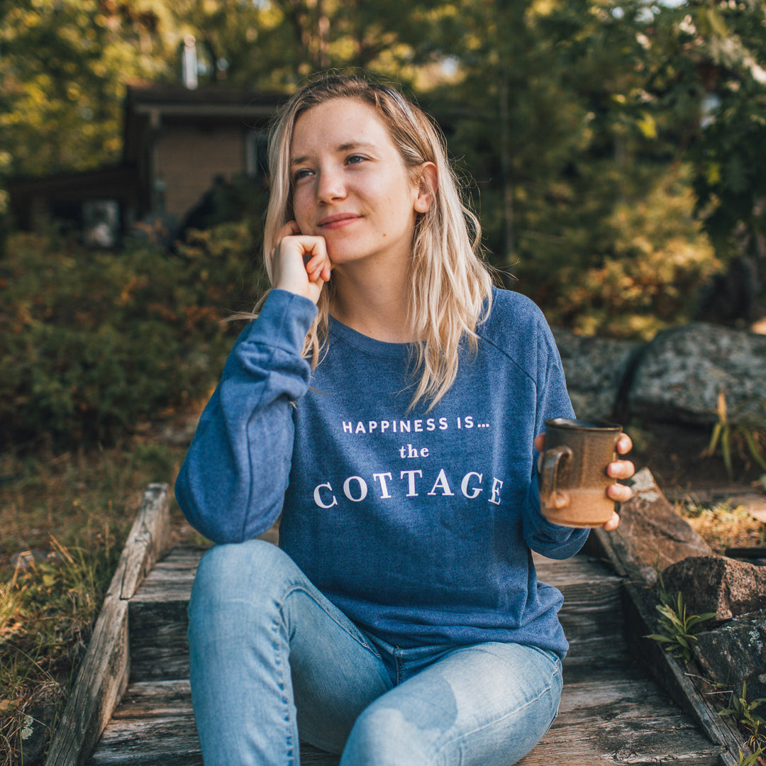 Women&#39;s Happiness is the Cottage Crew Sweatshirt, Heather Navy
