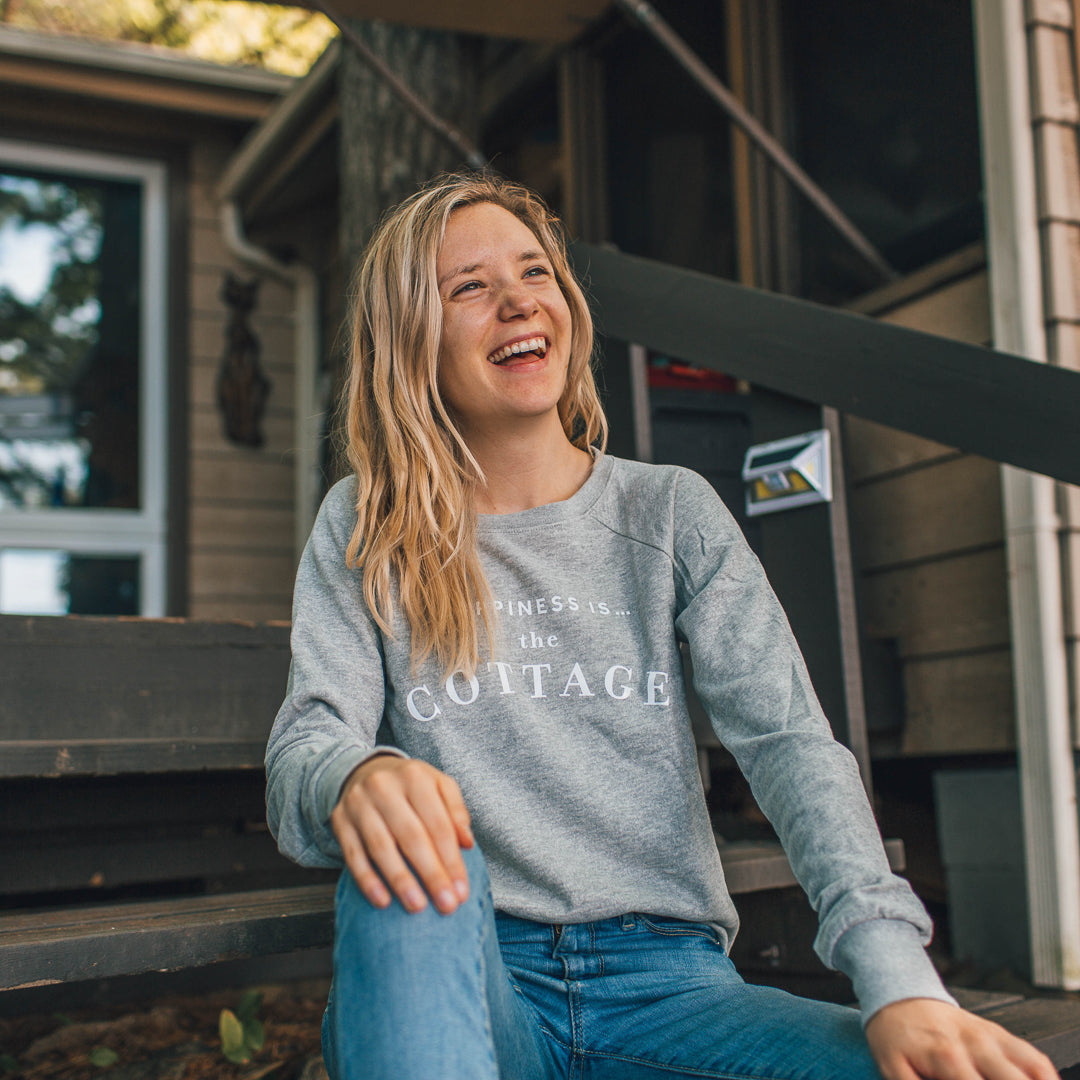 Women&#39;s Happiness is the Cottage Crew Sweatshirt, Heather Grey
