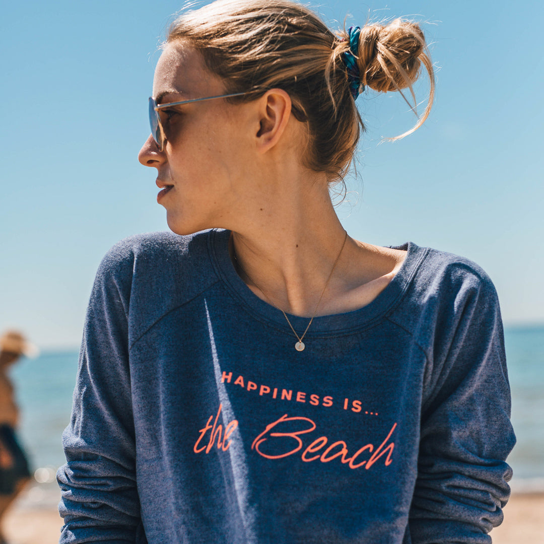 Women&#39;s Happiness is the Beach Crew Sweatshirt Heather Navy