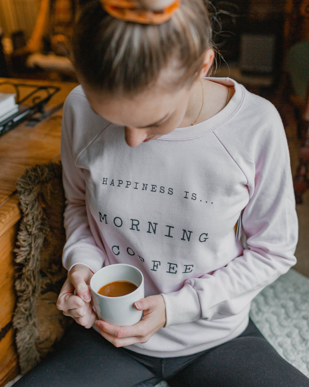 Happiness is morning coffee Crew Sweatshirt Ballet Pink
