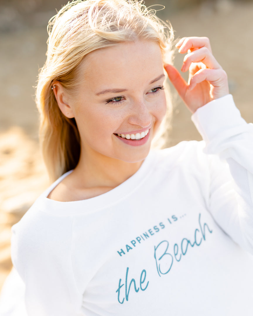 Happiness is the Beach Crew Sweatshirt White